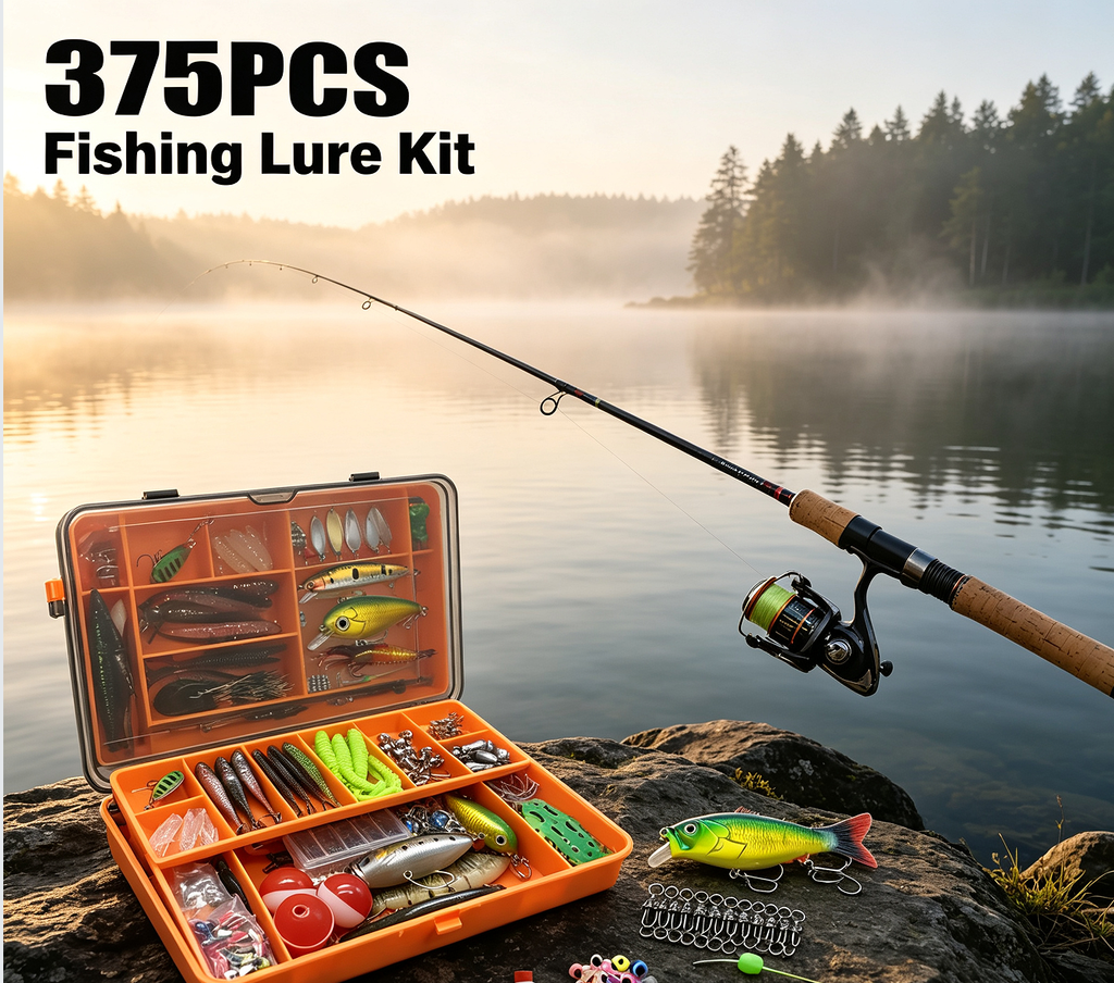 Fishing Lure Kit – 375-Piece Tackle Set with Spoon Lures, Soft Plastic Worms, Crankbaits, Jigs & Hooks – Complete Fishing Supplies for Freshwater & Saltwater