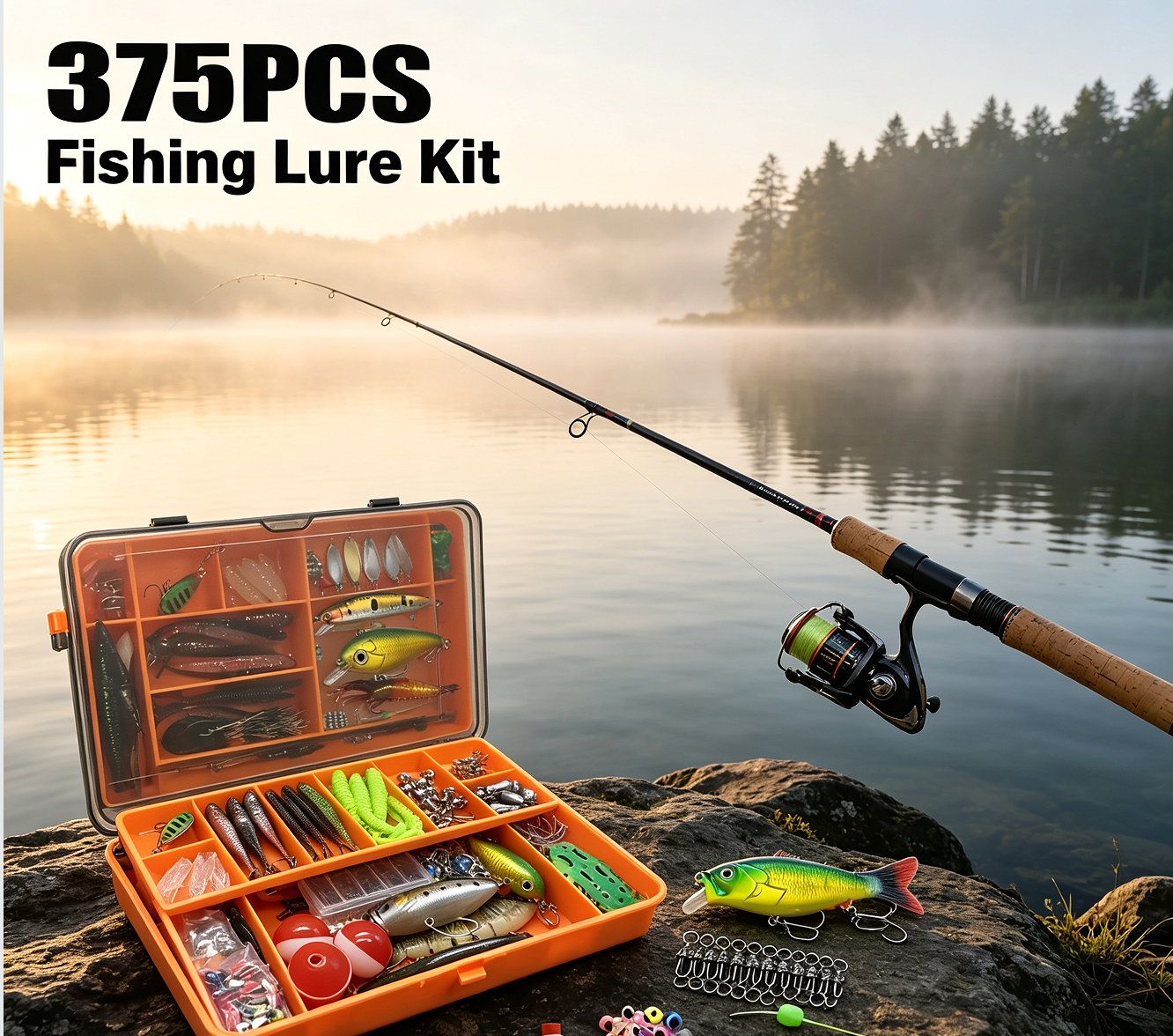 Fishing Lure Kit – 375-Piece Tackle Set with Spoon Lures, Soft Plastic Worms, Crankbaits, Jigs & Hooks – Complete Fishing Supplies for Freshwater & Saltwater