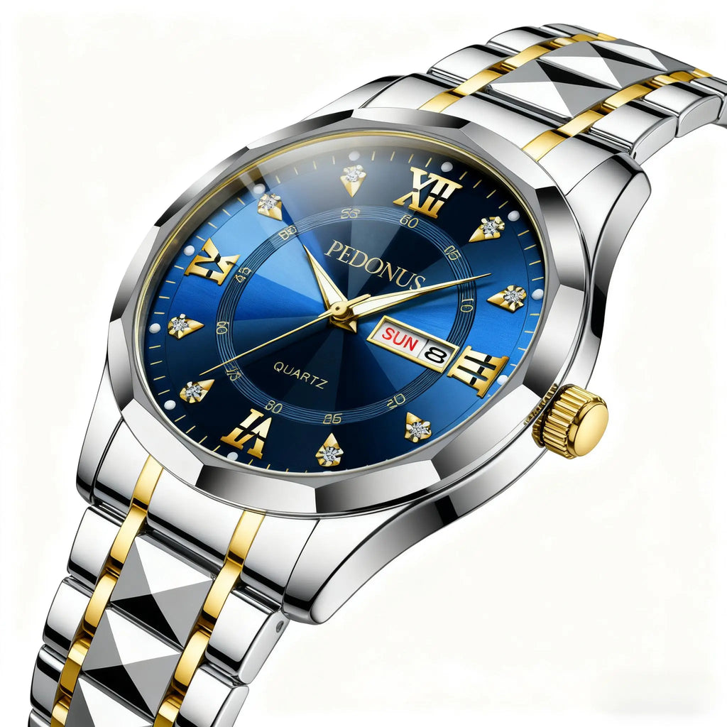 Men's Luminous Business Simple Quartz Watch - Stainless Steel Band, Gold Accents, Blue Dial with Date & Day Indicator summervibes️ image 5