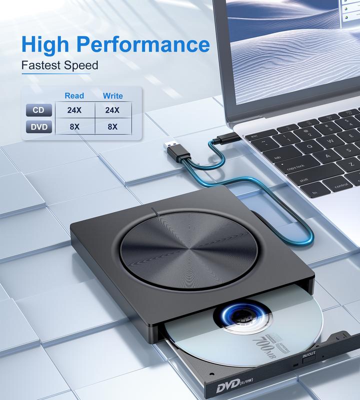 DVD Player, Plug and Play CD-ROM Drive for PC & Laptop, High-Speed 8 in 1 USB 3.0 CD/DVD Burner, Compatible with Mac, Windows 11/10/8/7 Portable