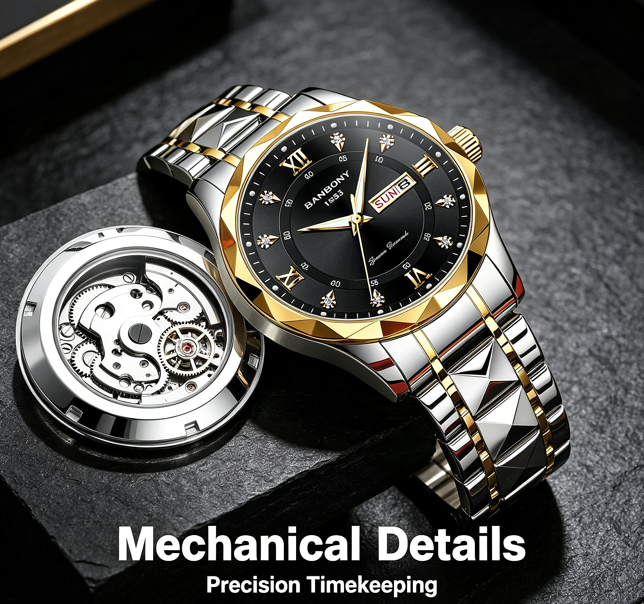 New Stainless Steel Men's Quartz Watch – Roman Numerals, Rhinestone Dial, Date Calendar, Luminous Display – Trendy Minimalist Luxury Design, Ideal Birthday & Holiday Gift – Elegant Couple Watch Set