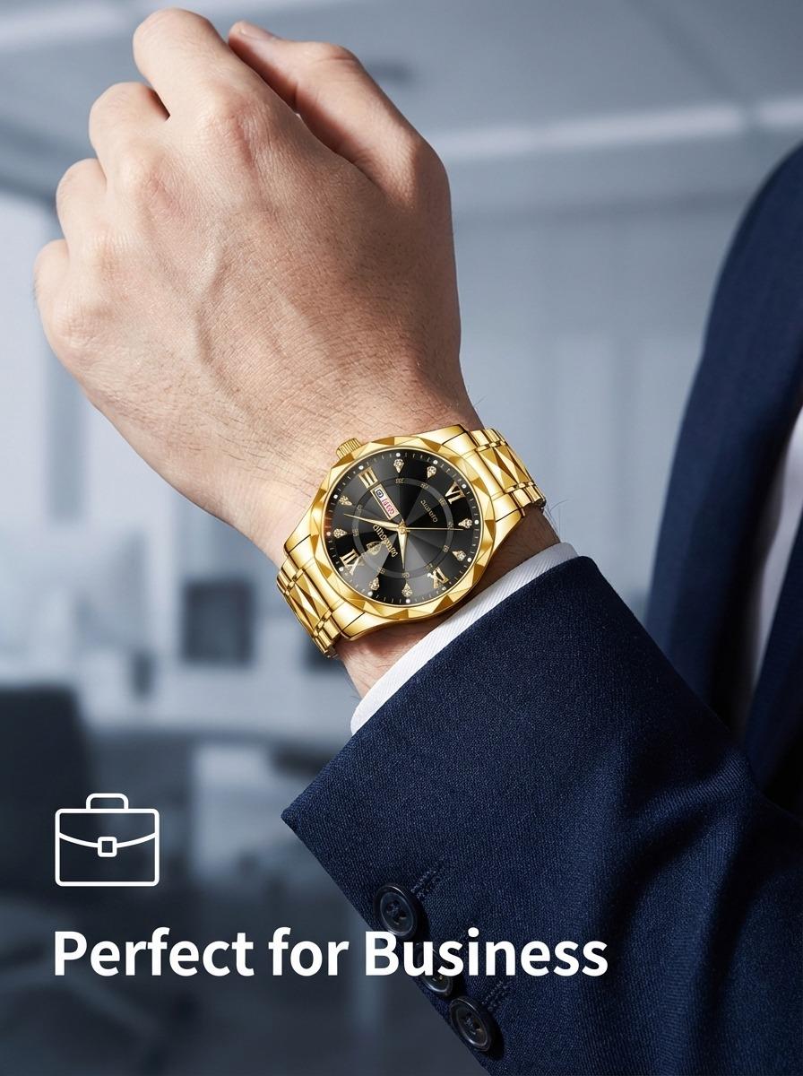 Men's Business Fashion Rhinestone Decor Analog Quartz Watch, Calendrier Waterproof Watch for Party, Daily Decor, Trendy Watch for Birthday Gift with Box, Stainless Steel Wristwatch, Rhinestone Embellished Watch