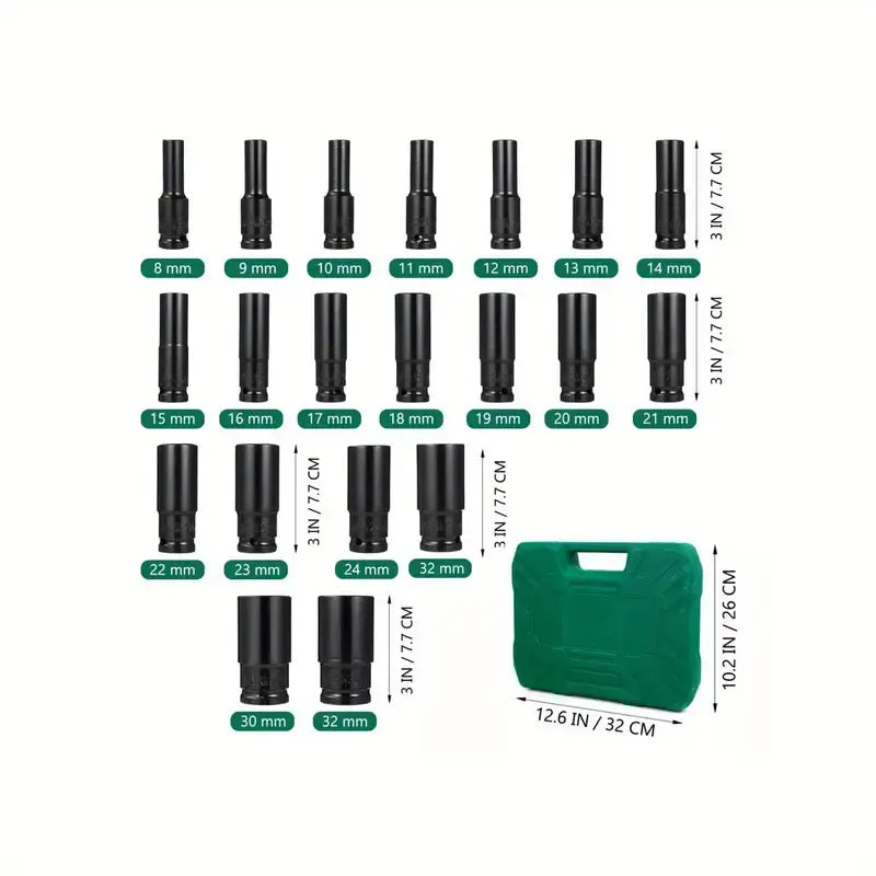 20-Piece 1/2-Inch Power Sleeve Tool Set 8-32mm - Impact Wrench Adapter, Long Reach Thin Wall Steel Sockets with Storage Box for Automotive, Industrial and DIY Use