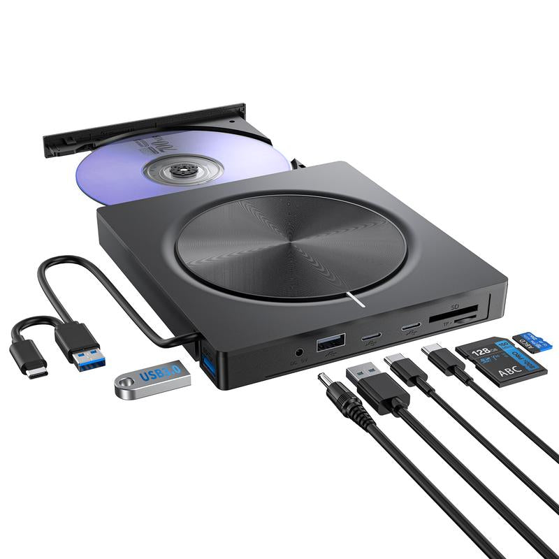 DVD Player, Plug and Play CD-ROM Drive for PC & Laptop - High-Speed 8 in 1 USB 3.0 CD/DVD Burner, Compatible with Mac, Windows 11/10/8/7 Portable 🎵 Free Shipping & Cash on Delivery 📊