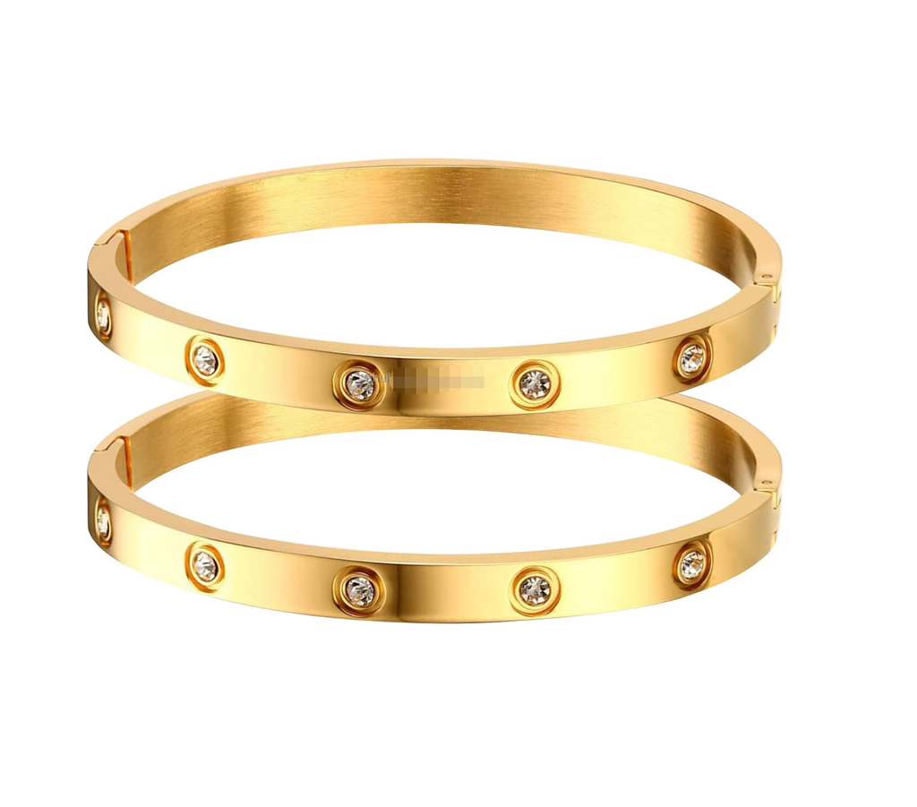 ✨ Cash on Delivery 💛 2Pcs Diamond-Inlaid Gold Bangle Bracelet – 14K Gold Plated, Sparkling Cubic Zirconia, Waterproof Stainless Steel, Classic Cuff for Women – Free Shipping