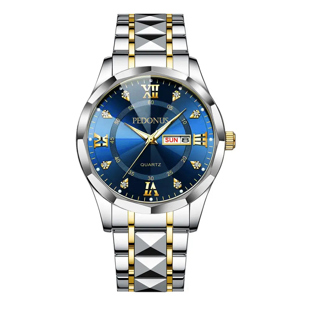 Men's Luminous Business Simple Quartz Watch - Stainless Steel Band, Gold Accents, Blue Dial with Date & Day Indicator summervibes️