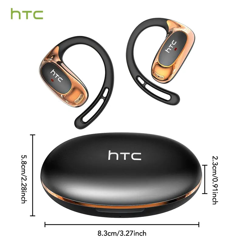HTC NE35 New Open-Ear Headphones, True Wireless Bluetooth Earphones with Microphone, Earhook Earbuds with 48 Hours of Playtime, Fast Charging, IP55 Water-Resistant, Black
