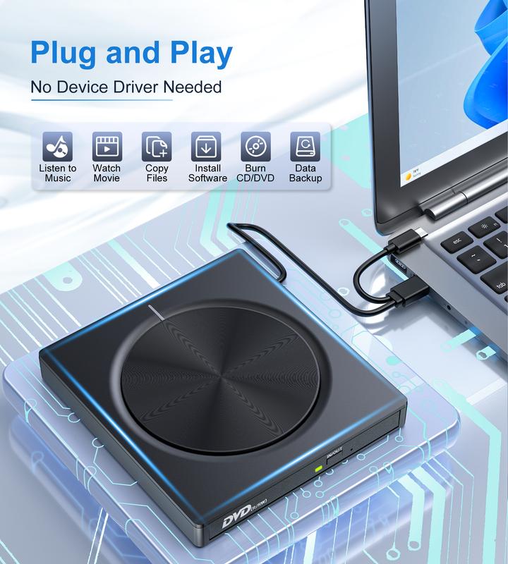 DVD Player, Plug and Play CD-ROM Drive for PC & Laptop - High-Speed 8 in 1 USB 3.0 CD/DVD Burner, Compatible with Mac, Windows 11/10/8/7 Portable 🎵 Free Shipping & Cash on Delivery 📊