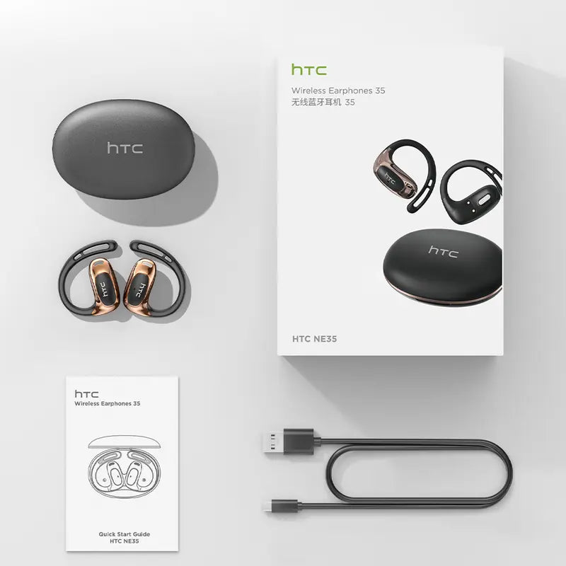 HTC NE35 New Open-Ear Headphones, True Wireless Bluetooth Earphones with Microphone, Earhook Earbuds with 48 Hours of Playtime, Fast Charging, IP55 Water-Resistant, Black