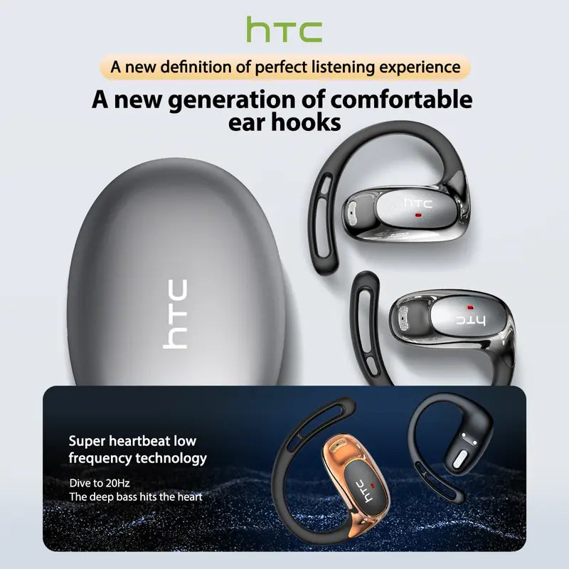 HTC NE35 New Open-Ear Headphones, True Wireless Bluetooth Earphones with Microphone, Earhook Earbuds with 48 Hours of Playtime, Fast Charging, IP55 Water-Resistant, Black