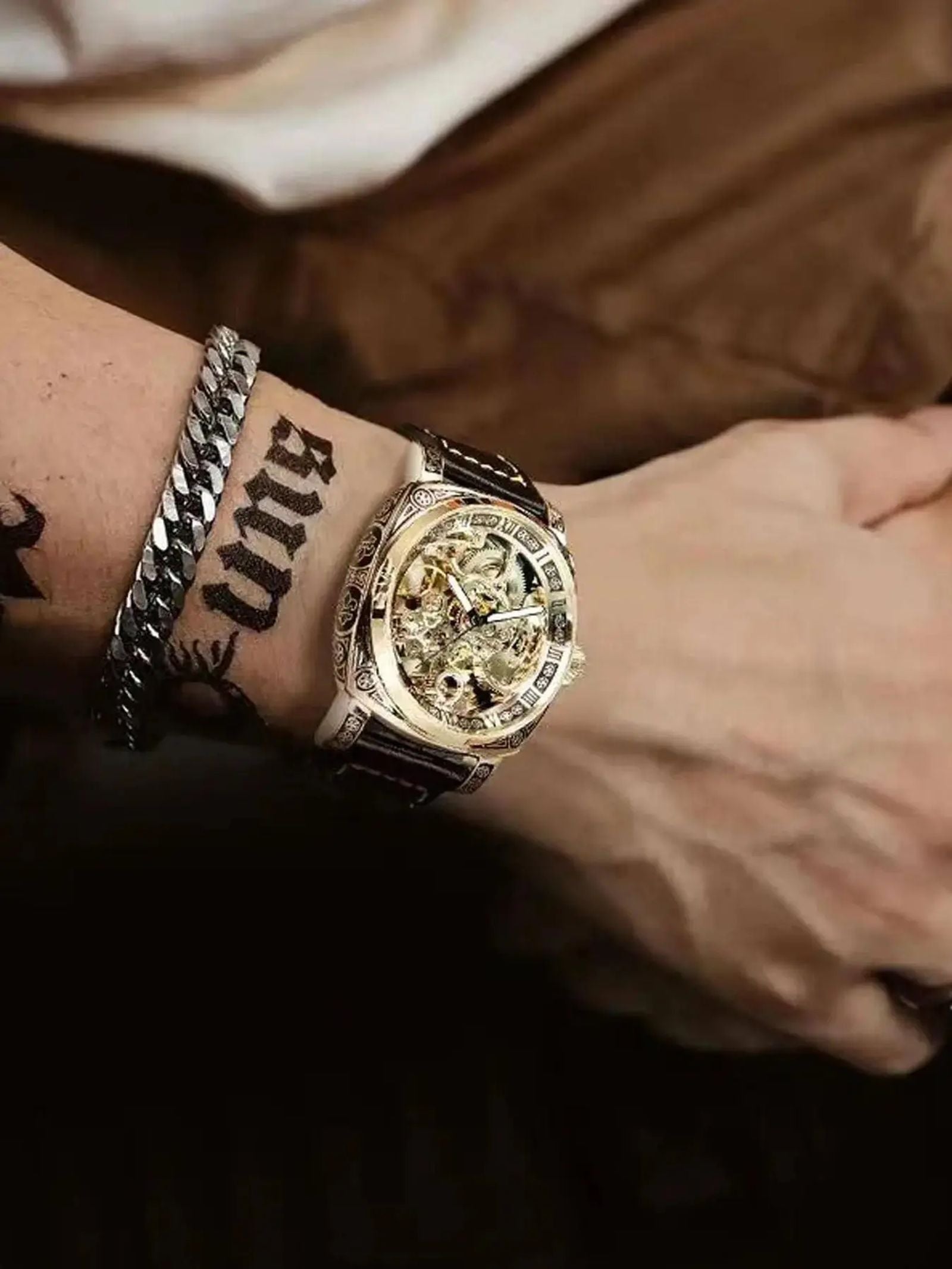 Business Fashion Round Dial Leather Strap Analog Mechanical Watch, Vintage All-match Buckle Automatic Wristwatch for Gift, Luminous Spring Pointer Design Watch with Box, Automatic Watches, National Day Offers, Mechanical Style Watches image 5