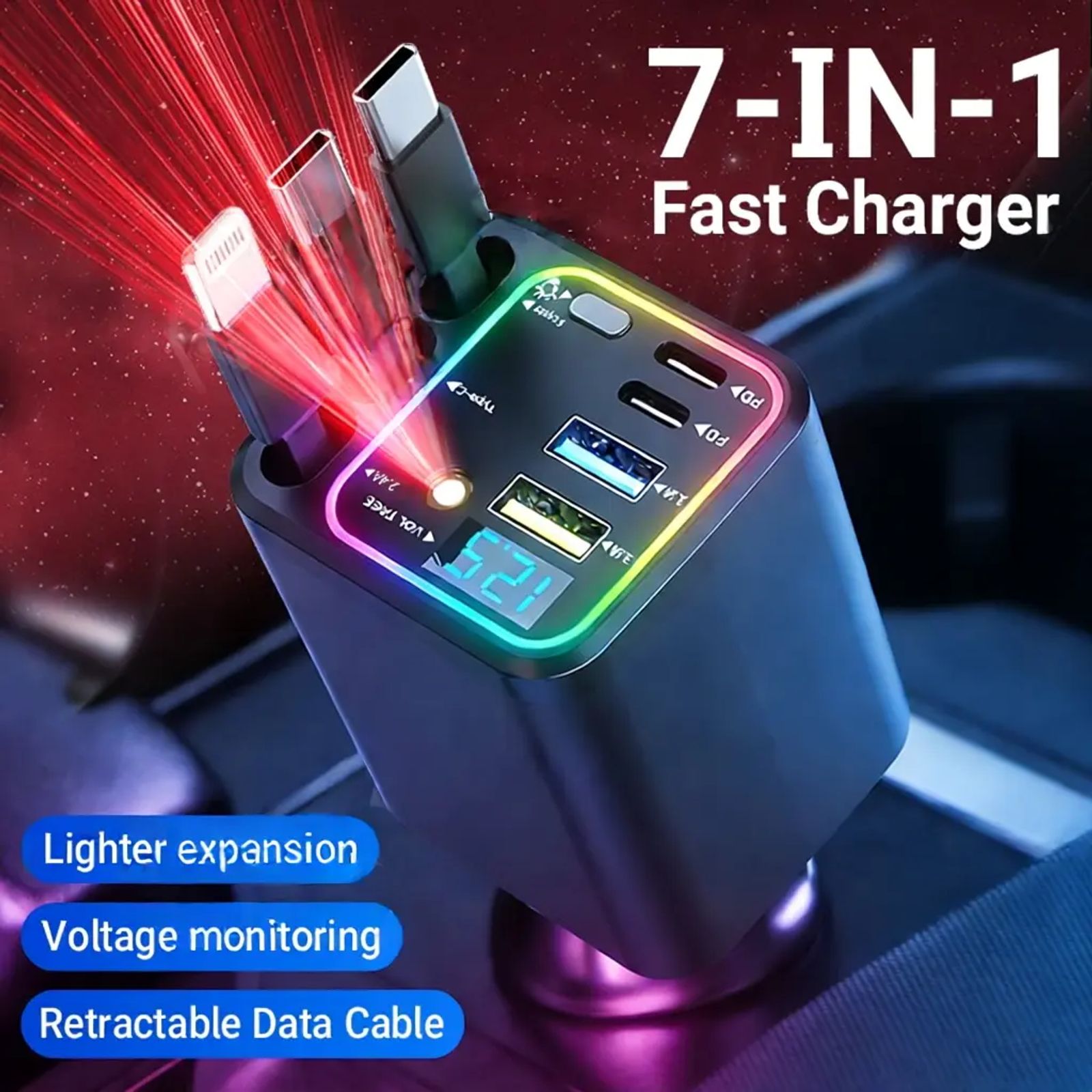 7-in-1 Retractable Car Charger: 120W Max Fast Charging Station with 3 Cables,Star Projector | LED Voltage Display & | Premium Car Accessories for iPhone & Android | Essential Road Trip Gadget & Organizer,Gifts for Fathers Day for Men Dad Husband