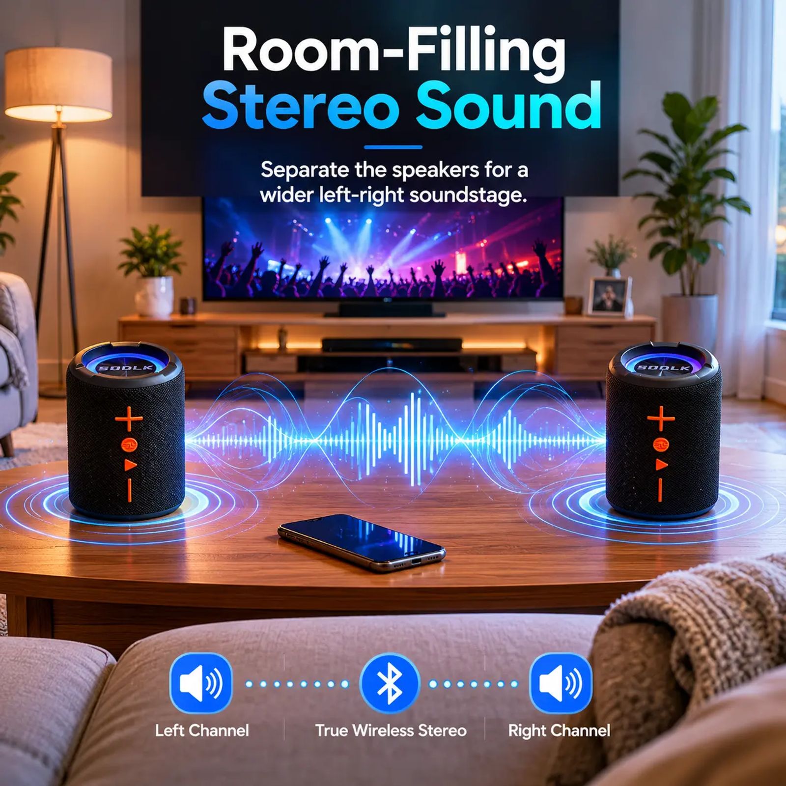 2-in-1 Wireless Compact Bluetooth Speaker V5.3 - 20W Stereo Audio, 12H Playtime, True Pairing, RGB LED Lights, 3.5mm Jack, TF Card Support, Waterproof, Rechargeable, Split Design, Stable Connection - Portable for Smartphones, Parties, Pools image 3