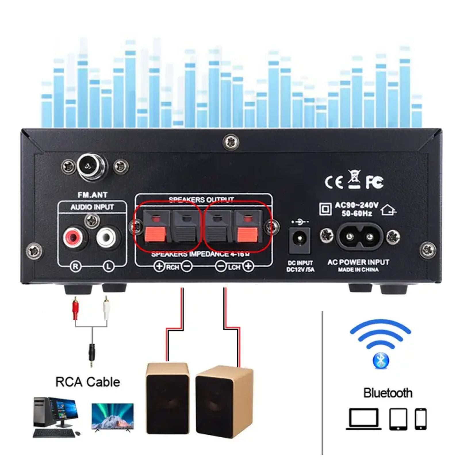 WOOPKER AK45 300W/AK45 Pro 400W Bluetooth 5.0 Digital Wireless Radio Amplifier, HiFi 2.0 Channel Power Amplifier with USB, SD, RCA, Dual Microphones, Remote Control for Home Theater, Karaoke image 8