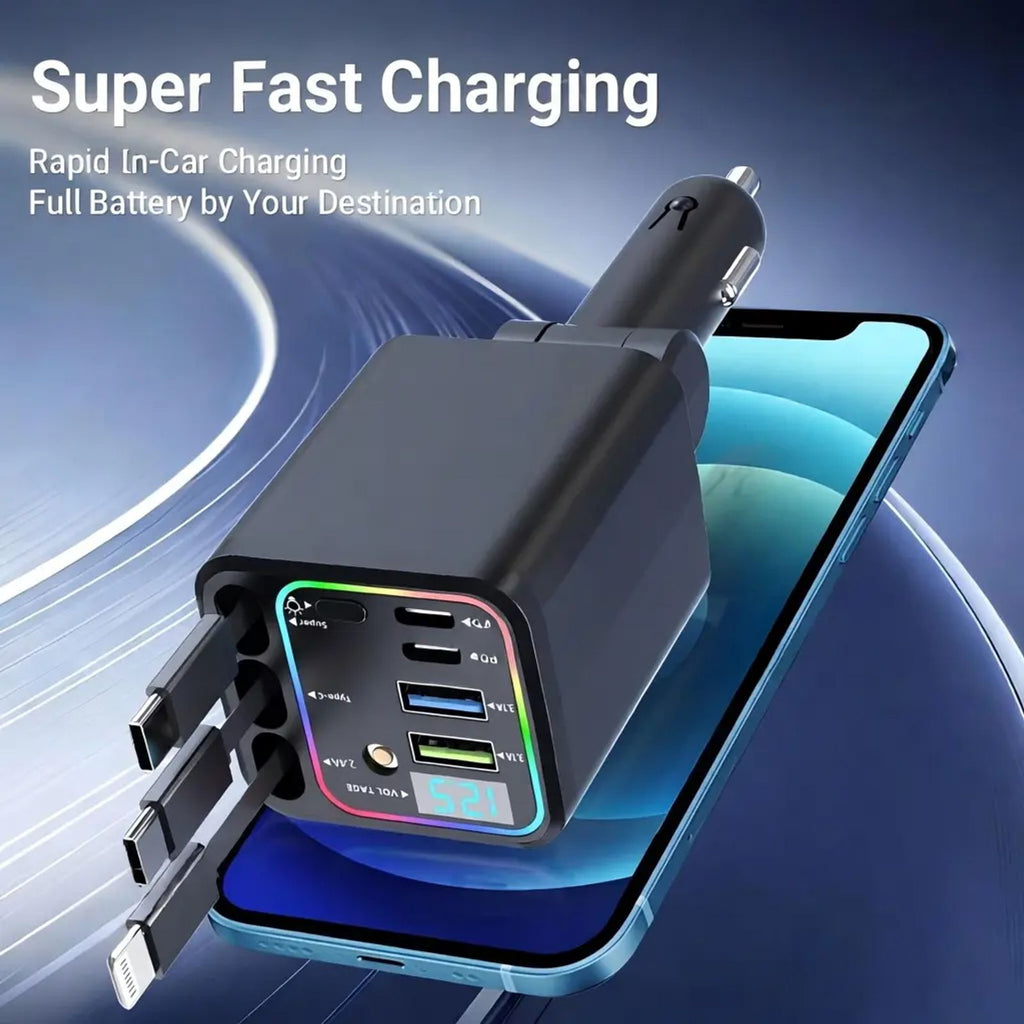 7-in-1 Retractable Car Charger: 120W Max Fast Charging Station with 3 Cables,Star Projector | LED Voltage Display & | Premium Car Accessories for iPhone & Android | Essential Road Trip Gadget & Organizer,Gifts for Fathers Day for Men Dad Husband image 5