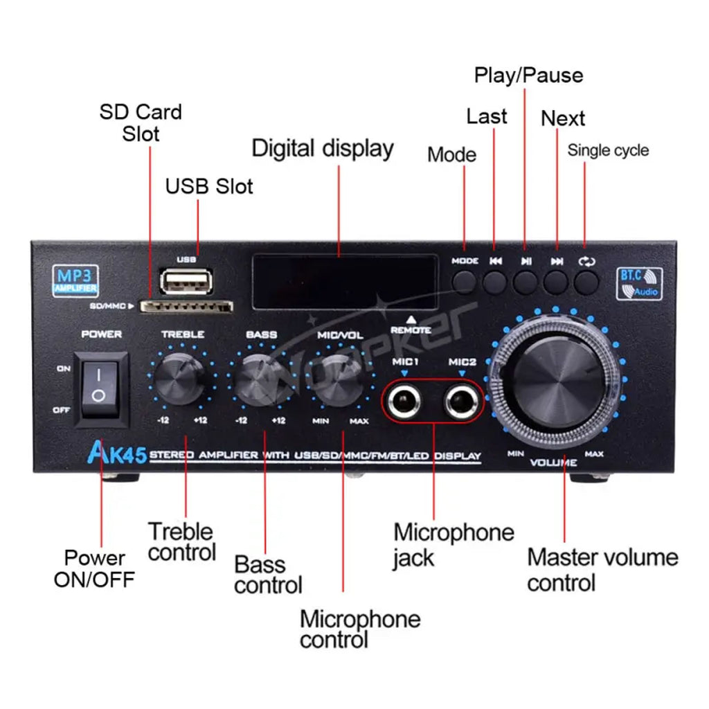 WOOPKER AK45 300W/AK45 Pro 400W Bluetooth 5.0 Digital Wireless Radio Amplifier, HiFi 2.0 Channel Power Amplifier with USB, SD, RCA, Dual Microphones, Remote Control for Home Theater, Karaoke image 2