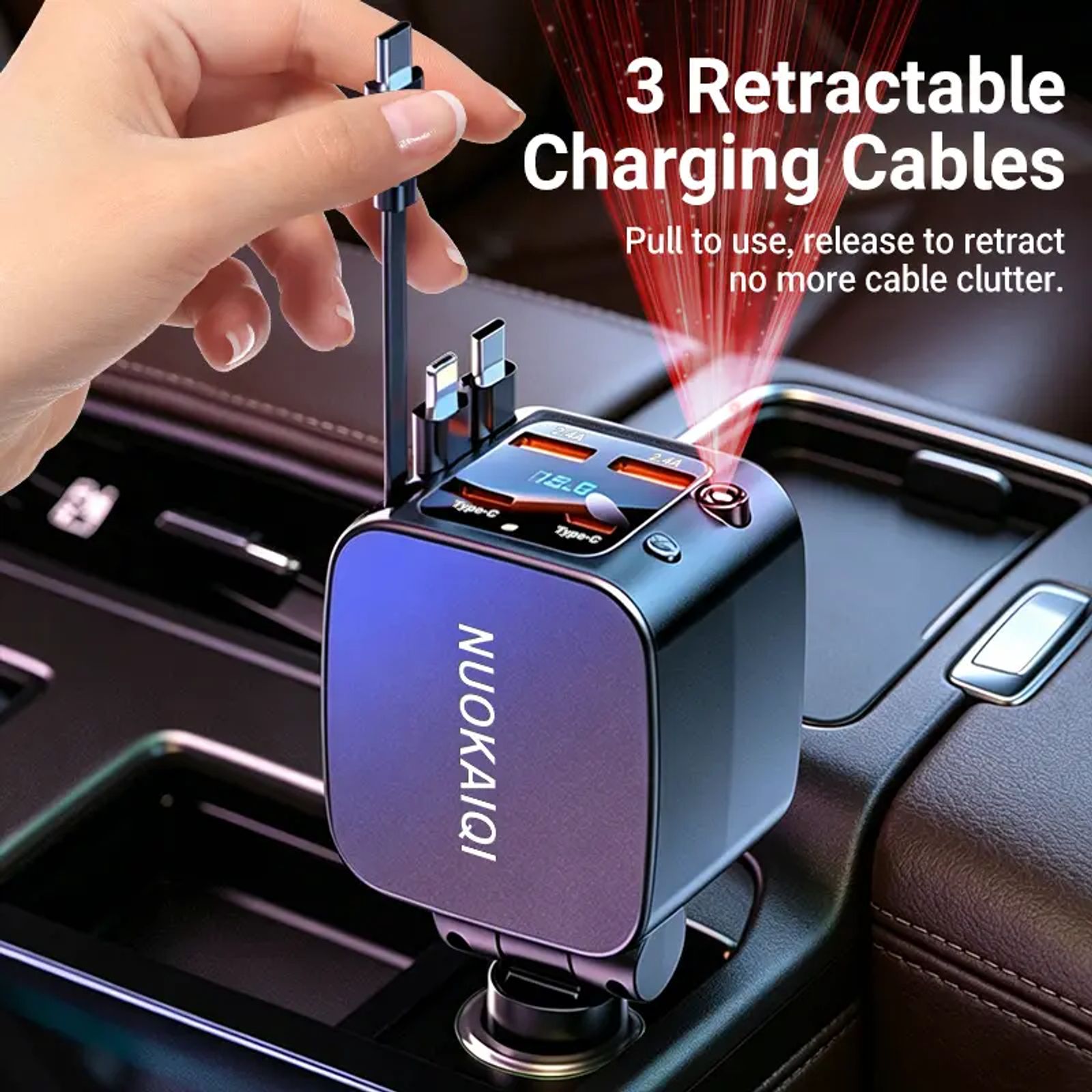 7-in-1 Retractable Car Charger: 120W Max Fast Charging Station with 3 Cables,Star Projector | LED Voltage Display & | Premium Car Accessories for iPhone & Android | Essential Road Trip Gadget & Organizer,Gifts for Fathers Day for Men Dad Husband image 7