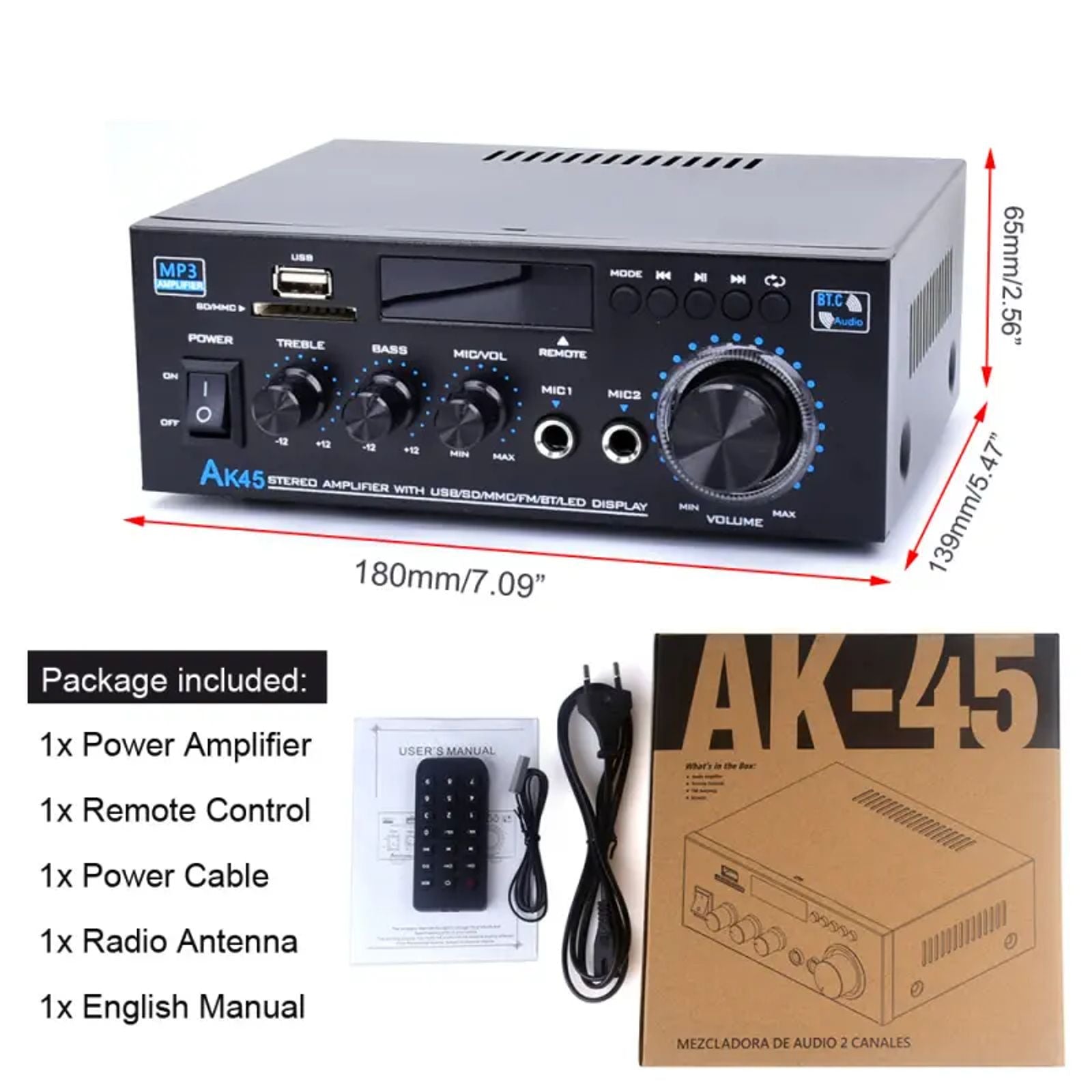 WOOPKER AK45 300W/AK45 Pro 400W Bluetooth 5.0 Digital Wireless Radio Amplifier, HiFi 2.0 Channel Power Amplifier with USB, SD, RCA, Dual Microphones, Remote Control for Home Theater, Karaoke image 4