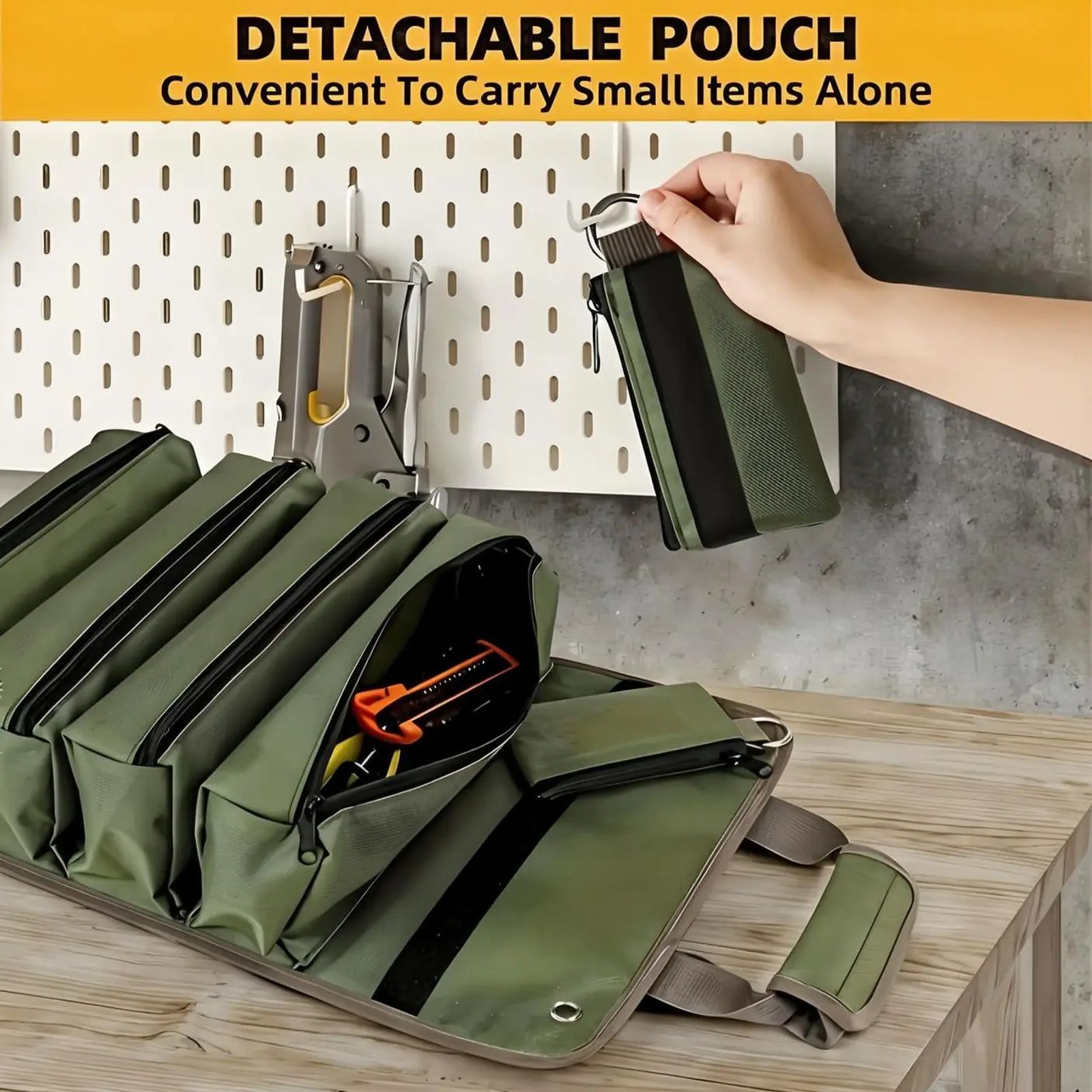 Heavy-Duty Waterproof Roll-Up Tool Pouch - 6-Pocket Belt-Mounted Portable Multi-Tool Bag, Removable Adjustable Work Accessory for Electricians with Carrying Handle, Belt-Mounted Tool Bags image 3