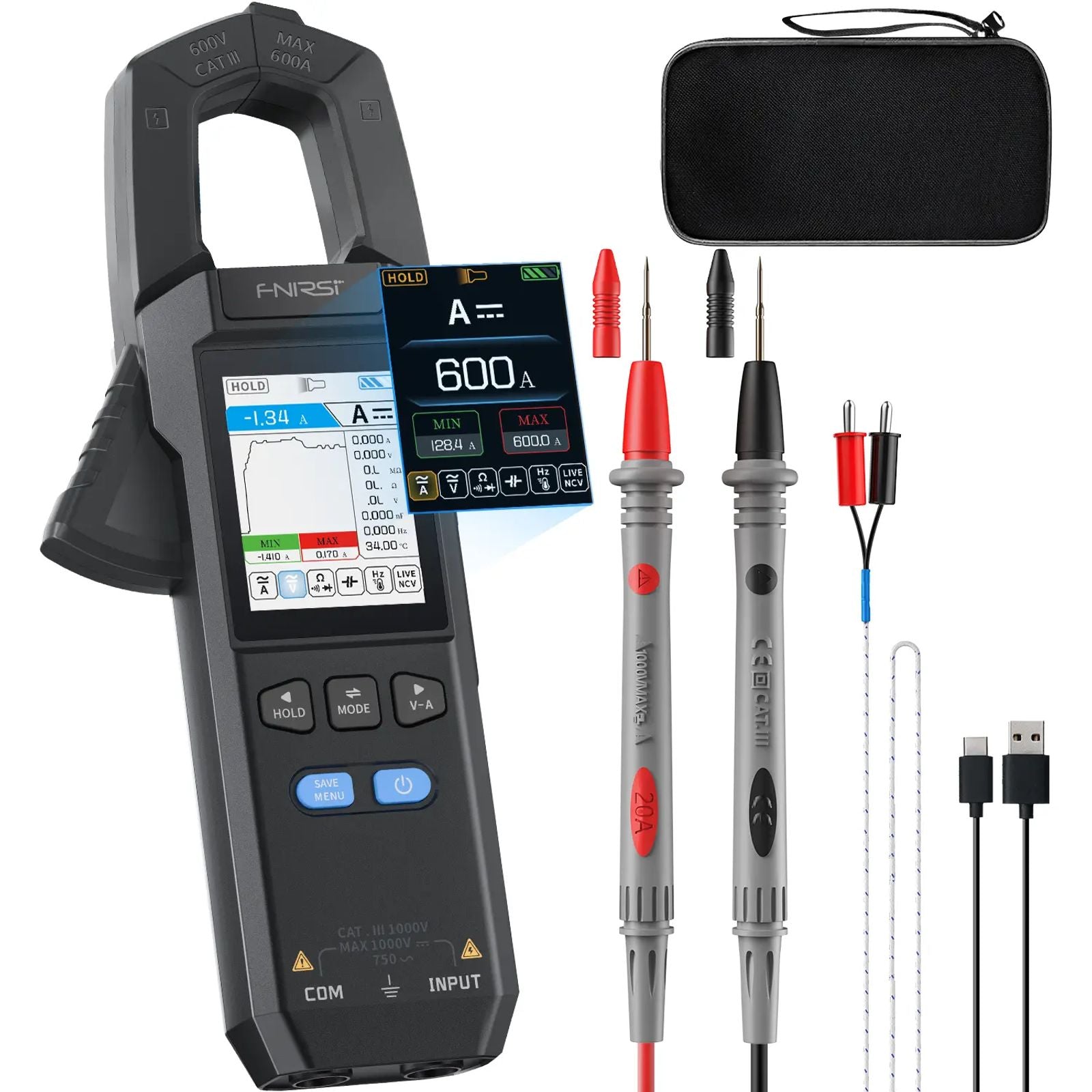 FNIRSI DMC-100 DC AC Current Voltage Clamp Meter Multimeter USB Charger 10000 Counts 600A Amperimetric Clamp Tester NCV Electrician Tools