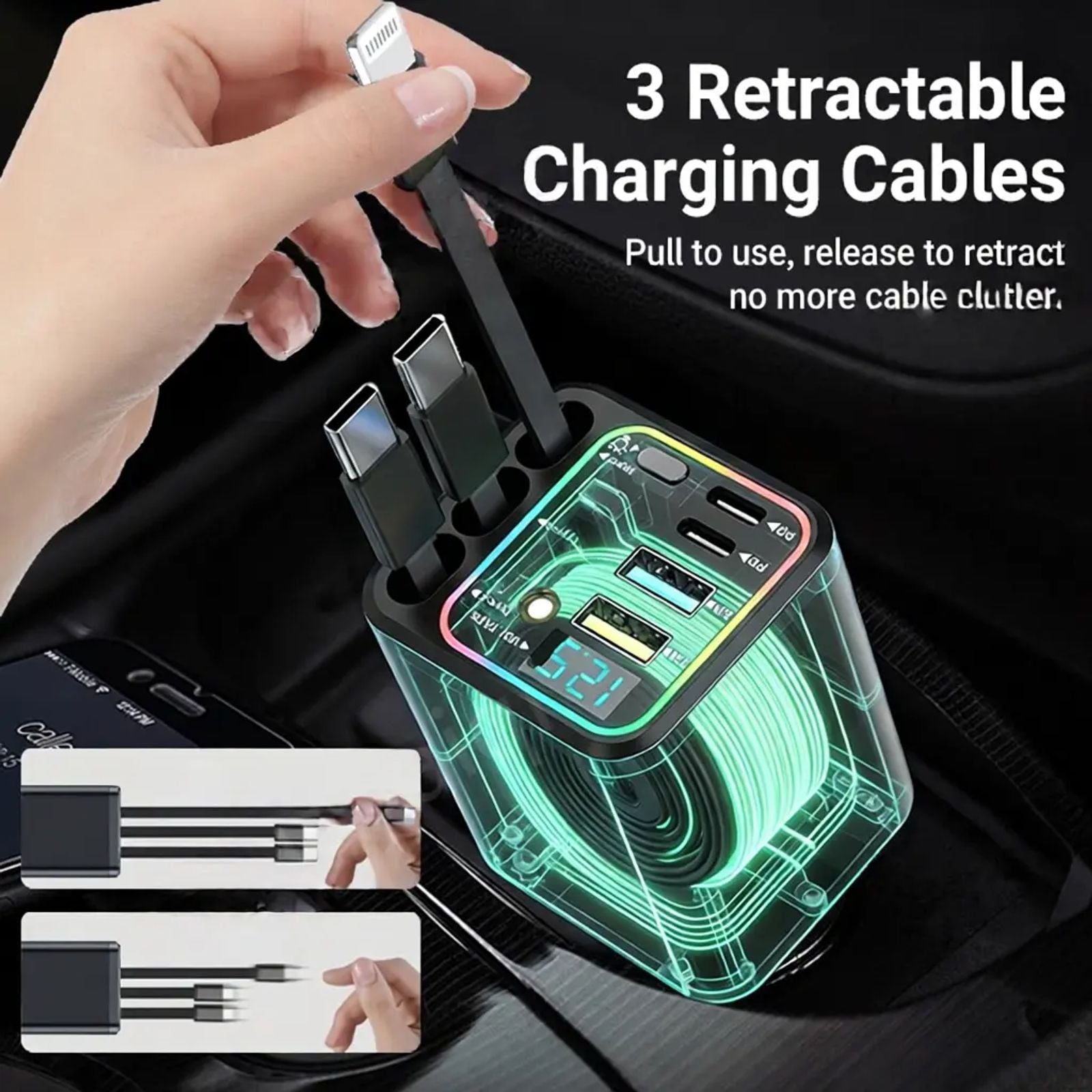 7-in-1 Retractable Car Charger: 120W Max Fast Charging Station with 3 Cables,Star Projector | LED Voltage Display & | Premium Car Accessories for iPhone & Android | Essential Road Trip Gadget & Organizer,Gifts for Fathers Day for Men Dad Husband image 4