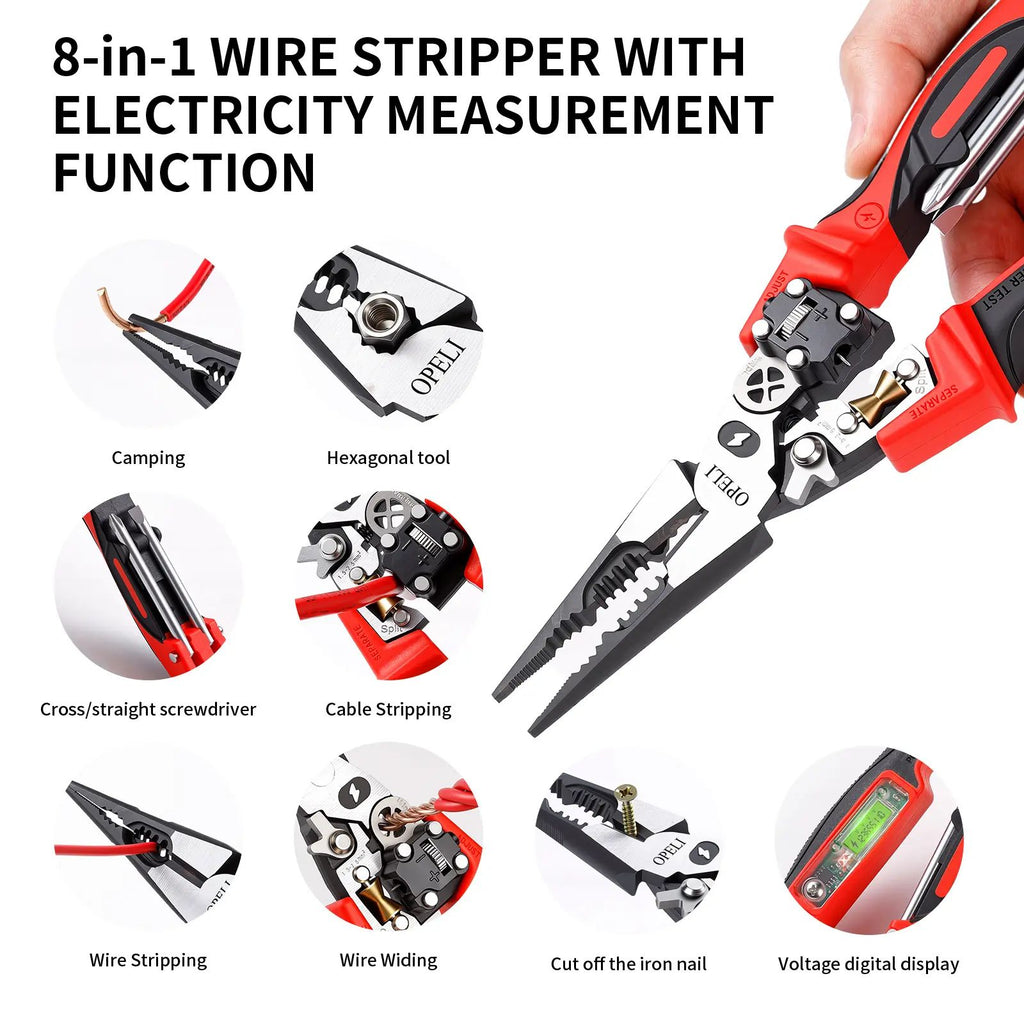 OPELI 8-in-1 Multi-Function Wire Stripper Pliers Diagonal Cutters for Nails Electrical Cables Special Tools with number display Voltage Tester&Alarms, Detectable12-250V, Heavy-Duty Electrical Pliers&Wire Cutters-for Professionaland Home Use image 2