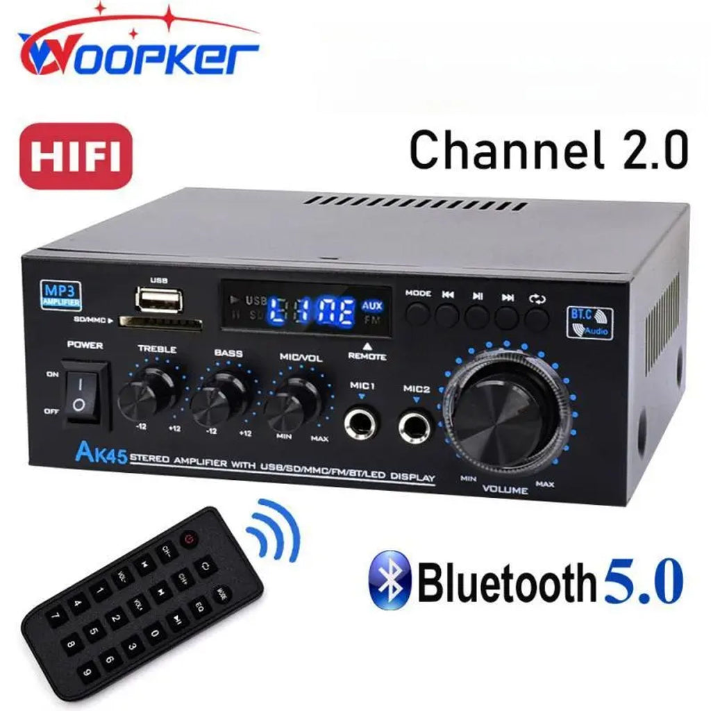 WOOPKER AK45 300W/AK45 Pro 400W Bluetooth 5.0 Digital Wireless Radio Amplifier, HiFi 2.0 Channel Power Amplifier with USB, SD, RCA, Dual Microphones, Remote Control for Home Theater, Karaoke