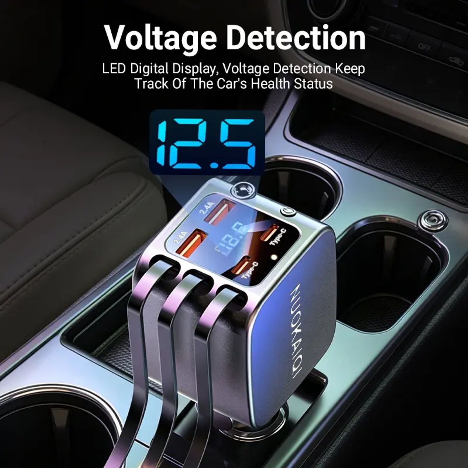 7-in-1 Retractable Car Charger: 120W Max Fast Charging Station with 3 Cables,Star Projector | LED Voltage Display & | Premium Car Accessories for iPhone & Android | Essential Road Trip Gadget & Organizer,Gifts for Fathers Day for Men Dad Husband image 9
