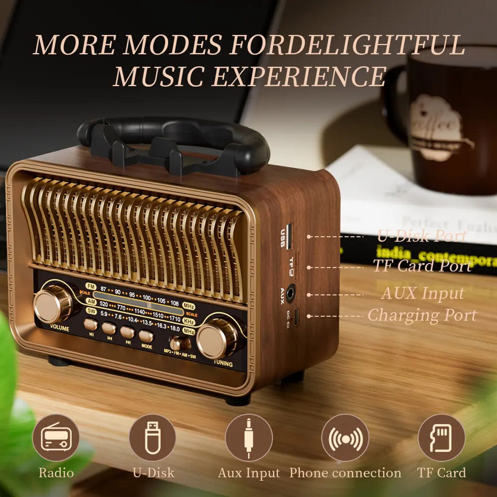 Retro Vintage Portable Radio AM FM SW,Transistor Radio Battery Powered&Rechargeable, Shortwave Support Mirco-SD/TF Card AUX USB Player, Bluetooth Speaker for Home/Outdoor image 6