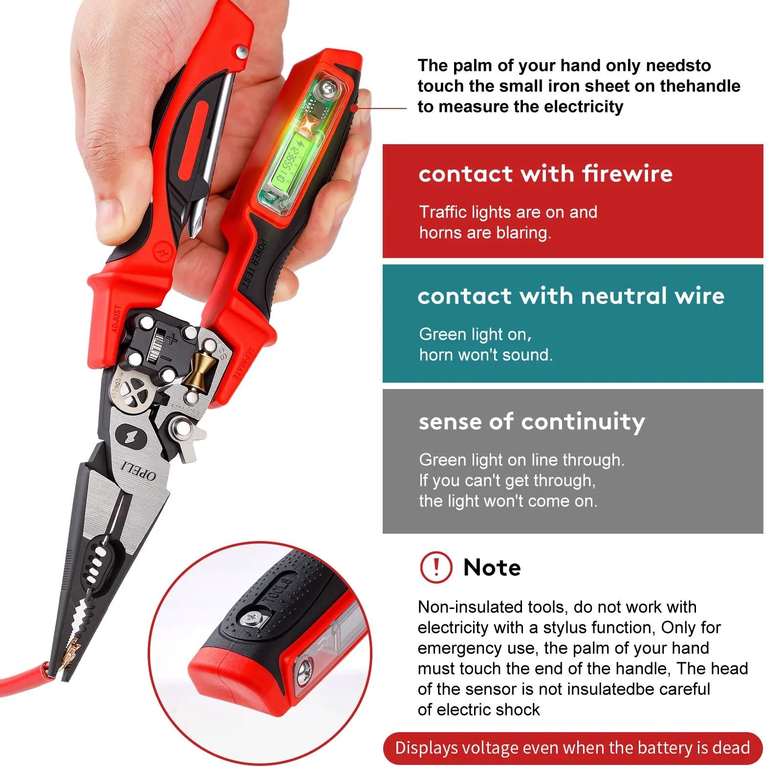 OPELI 8-in-1 Multi-Function Wire Stripper Pliers Diagonal Cutters for Nails Electrical Cables Special Tools with number display Voltage Tester&Alarms, Detectable12-250V, Heavy-Duty Electrical Pliers&Wire Cutters-for Professionaland Home Use image 4