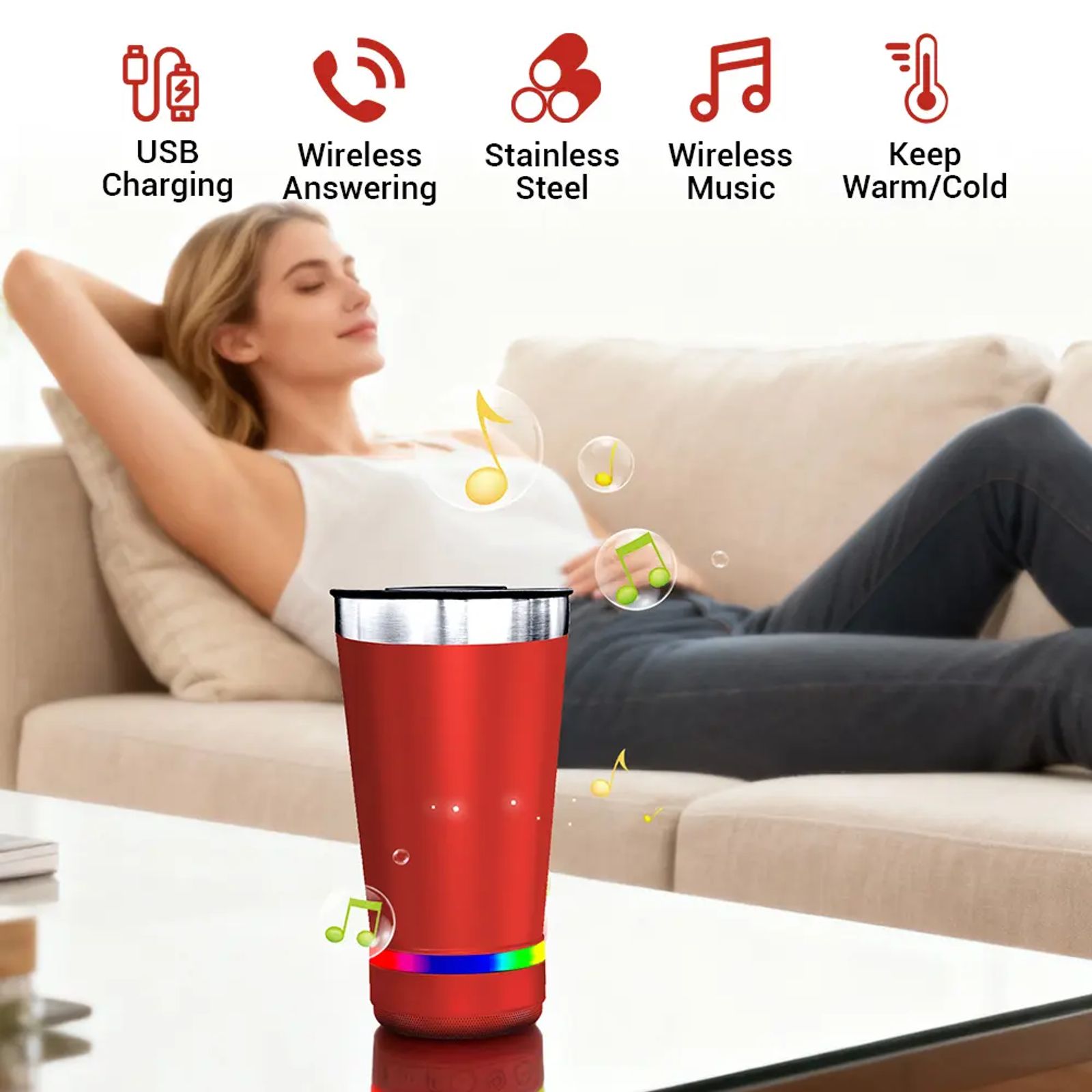 Stainless Steel 16.oz Nsulated MUG With Built-in Bluetooth Speaker Rechargeable Wireless Multi-color LED Lights Prefect Gift image 5