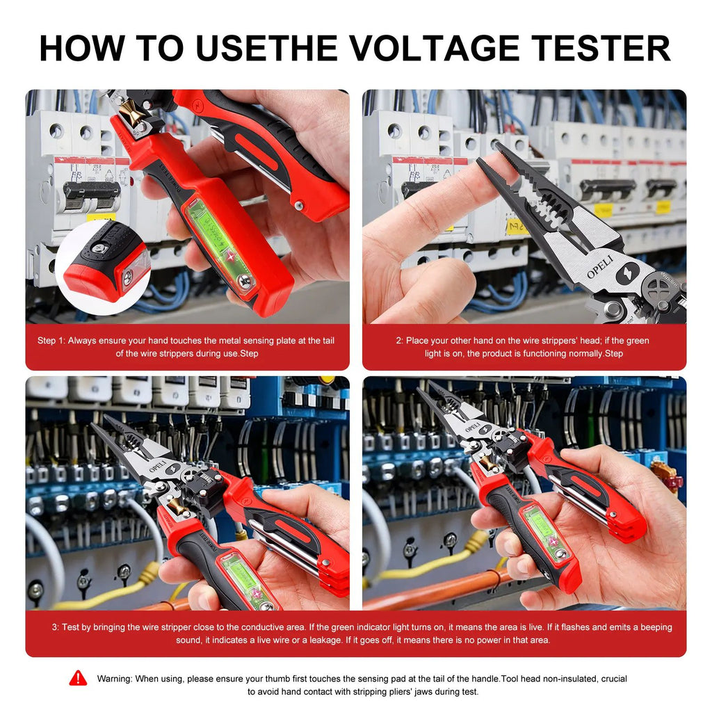 OPELI 8-in-1 Multi-Function Wire Stripper Pliers Diagonal Cutters for Nails Electrical Cables Special Tools with number display Voltage Tester&Alarms, Detectable12-250V, Heavy-Duty Electrical Pliers&Wire Cutters-for Professionaland Home Use image 5